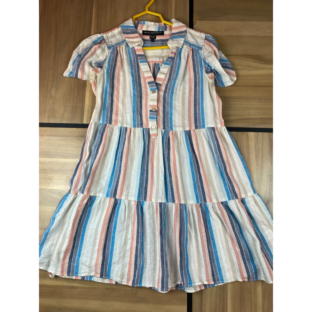Clover‎ and Sloane Striped Tiered Dress Linen Blend Casual Summer